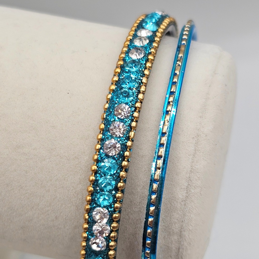 Rhinestone Bangle Bracelet + 1 Accent Bangle 2 Stackable Blue Teal Gold Tone